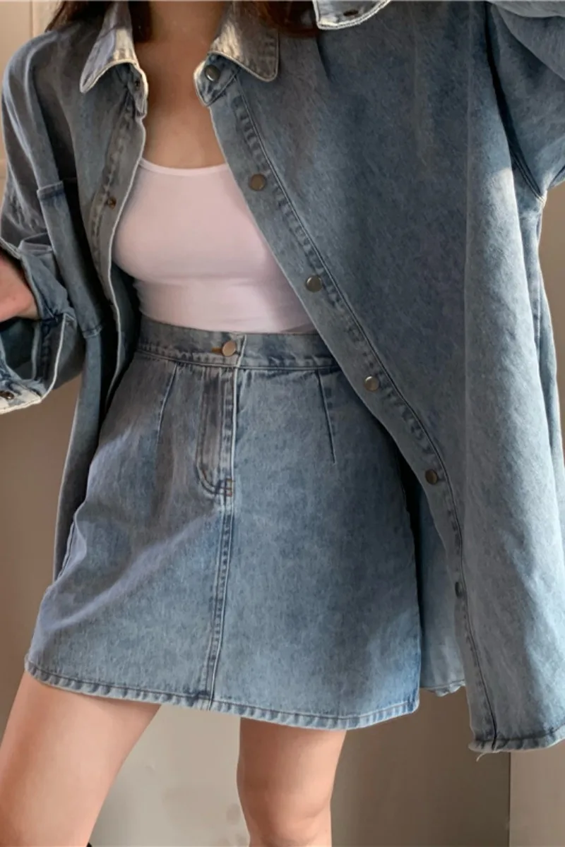 

2 Piece Set DenimSummer 2021 Loose Women Shirt+skirt High Street Single Breasted Turn-down Collar New Clothing