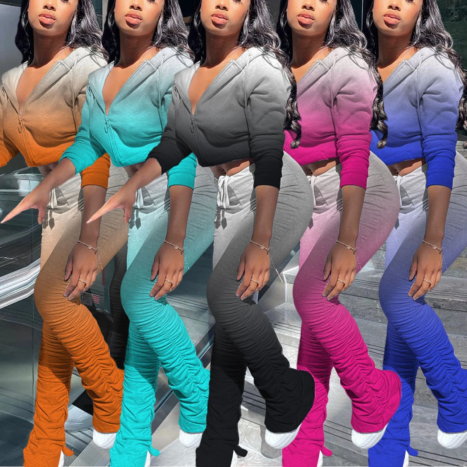 

Women's Suit Fashion Gradient Color Suit Zipper Suit Casual Wear Sports Suit Top + Pants Sportswear Style Waist Material Origin