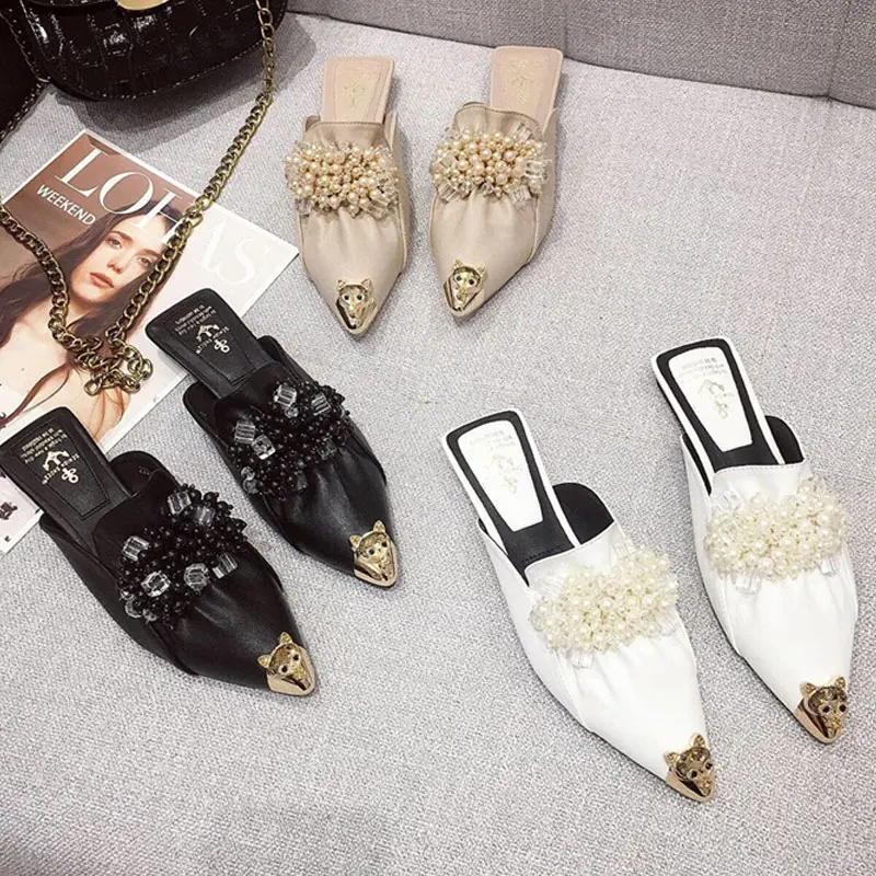 Women Mules Slippers Flat Heel Sandals Metal Pointed Toe Crystal String Bead Luxury Woman Ladies Outdoor Prom Slides | Обувь