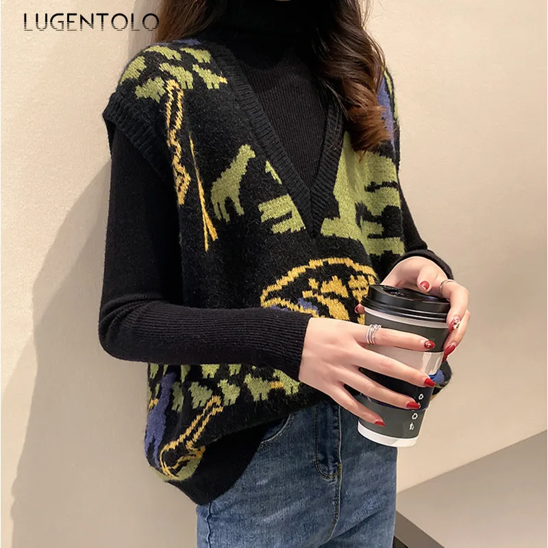

Vest Women Sleeveless V-neck Spring New Korean Knitted Pattern Pullover Print Casual Fashion Womens Vest Lugentolo