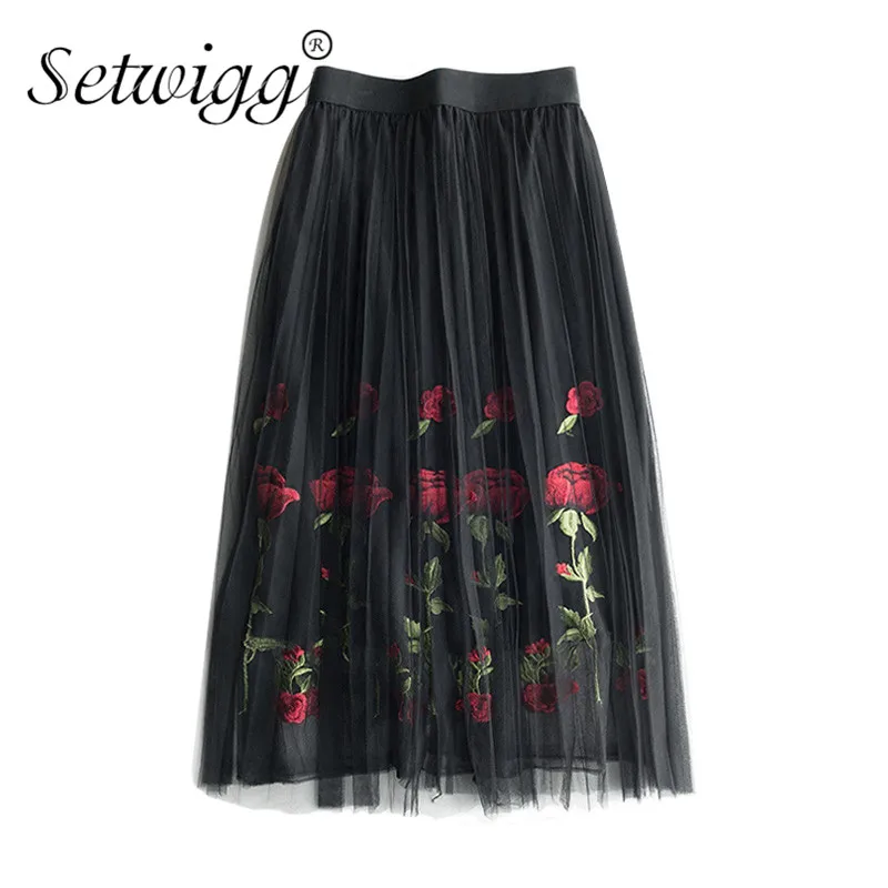 Женская длинная юбка с вышивкой плиссированная из розового тюля эластичным