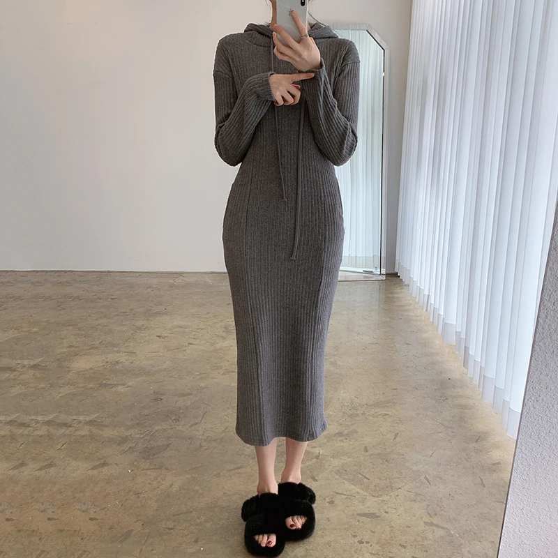 

2021 Spring Black Sweater Dress Ladies Korean Chic Simple Slim Long Sleeve Gray Knitted Wool Dress Casual Hooded Dresses Women