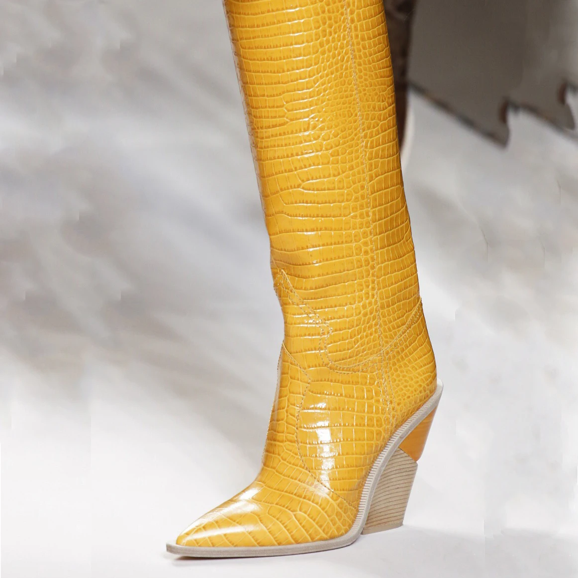 

Pointed Toe Wedge Heel Crocodile Pattern Knee High Boots Women's Solid Color Sleeve Leather Winter New High Heel Long Boots