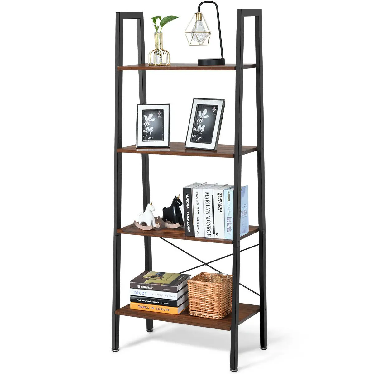 

4-Tier Ladder Shelf Ladder Bookcase Bookshelf Display Rack Plant Stand Wood HW61498BK