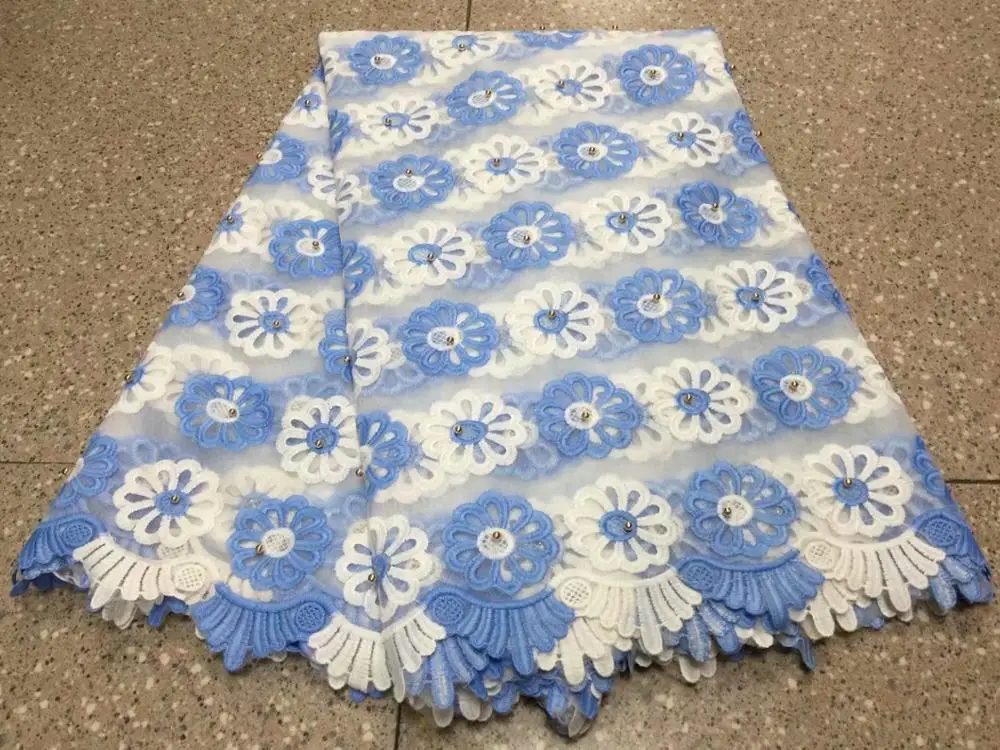 Новейшая ярко-синяя африканская кружевная ткань из бисера 2019 Высококачественная