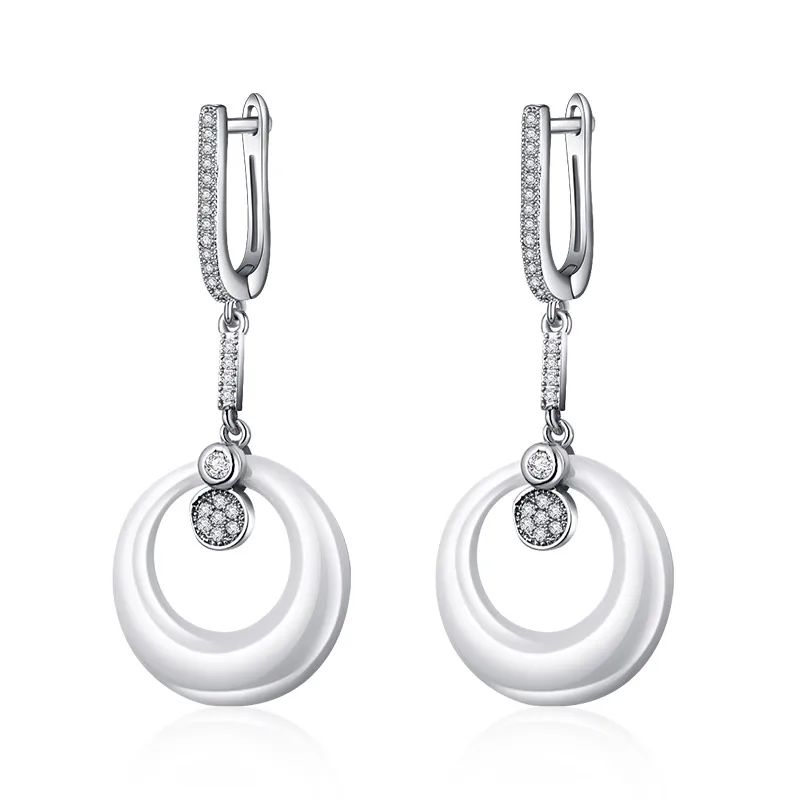 silver white MAIKALE, трендовые круглые керамические висячие серьги, длинные медные позолоченные серебряные серьги с кубическим цирконием, высококачественные серьги, отправка другу - Окраска металла: silver white