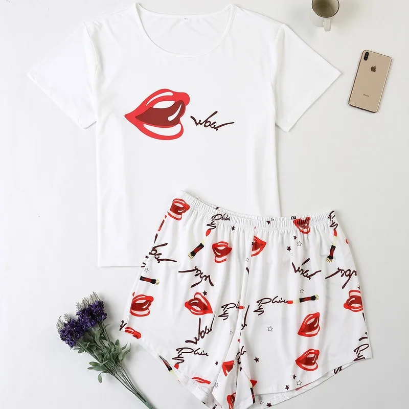 4XL Plus Size Summer Women Pajama Sets Nice Short Sleeve Lips Printing Pajamas Pink Soft Pyjamas Sleepwear Shorts Homewear