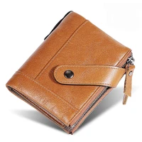 new oil wax genuine leather mens wallet double zipper wallet men high quality short purse for men anti magnetic male wallet