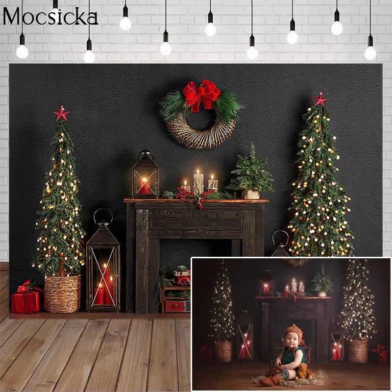 

Mocsicka Christmas Photography Background Christmas Tree Fireplace Backdrop Child Portrait Xmas Decoration Props Photo Studio
