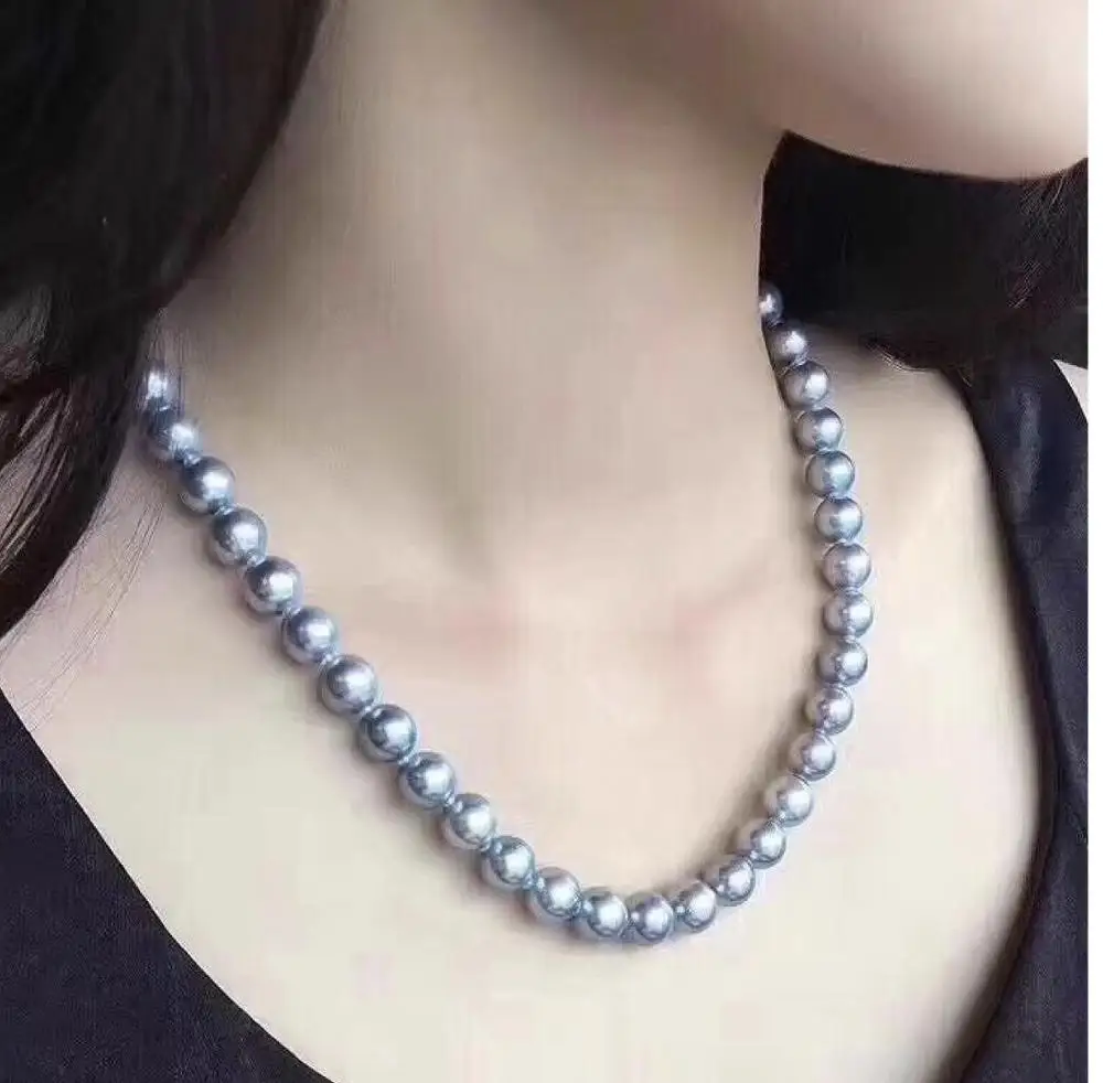 

elegant 9-10mm round silver grey pearl necklace 18inch