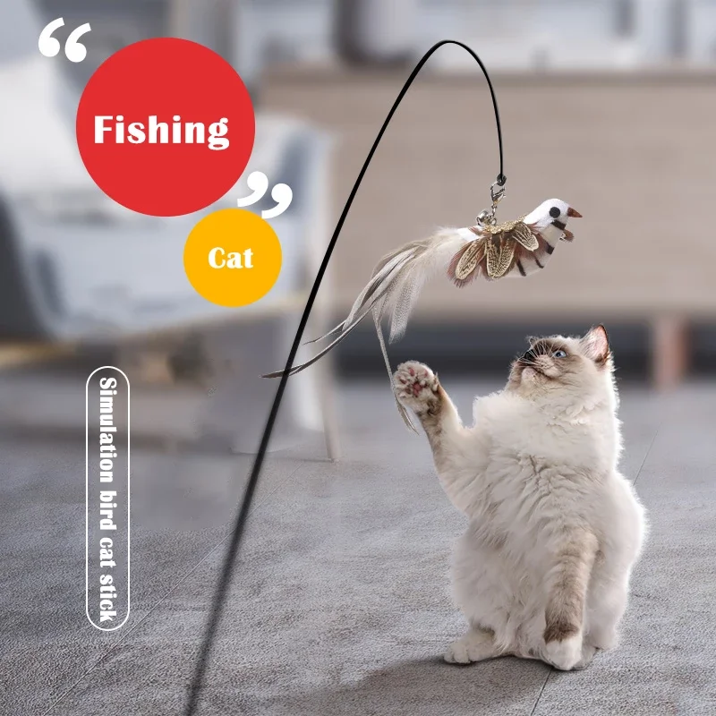 

Cat Toys Simulation Bird interactive Cat Toy Funny Furry Feather Bird with Bell Cat Stick Toy for Kitten Playing Teaser Wand Toy