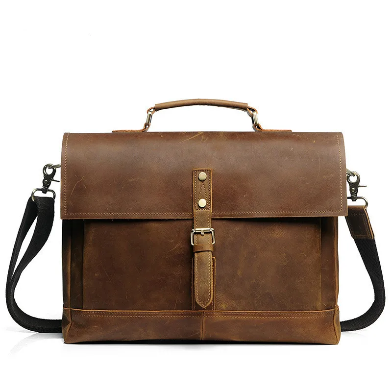 

Vintage Men Business Handbag Genuine Leather Shoulder Bags Designer Classic Travel Handbag Messenger Laptop Bag Hardware Zipper
