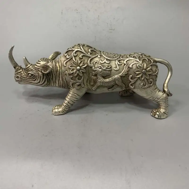 Китайский Фэншуй Серебряный Медь резьба благоприятный зверь Kirin Статуэтка