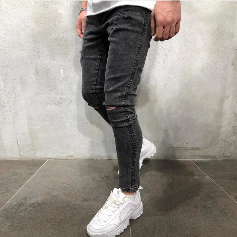 Streetwear Black Pants Knee Ripped Skinny Jeans for Men Hip Hop Elastic Waist Male Casual Destroyed Hole Stretch Denim Trousers