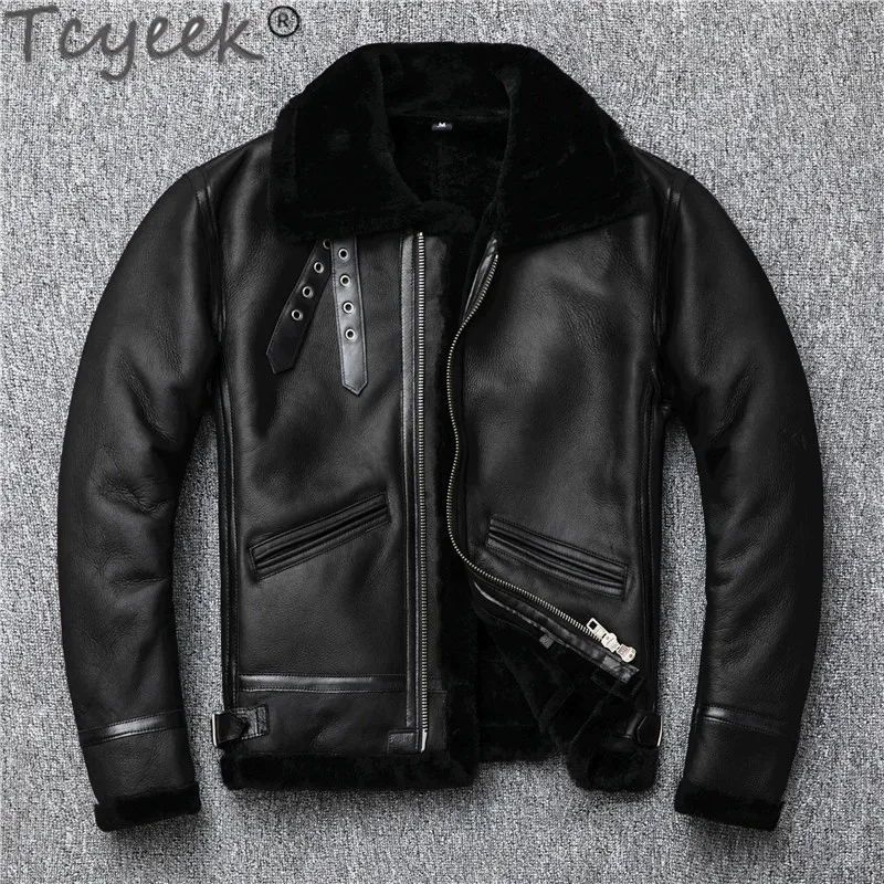 

Tcyeek Men's Jackets Man Natural Fur Coat Men Motorcycle Sheep Shearling Wool Liner Coat Male Plus Size Real Leather Jacket 2064