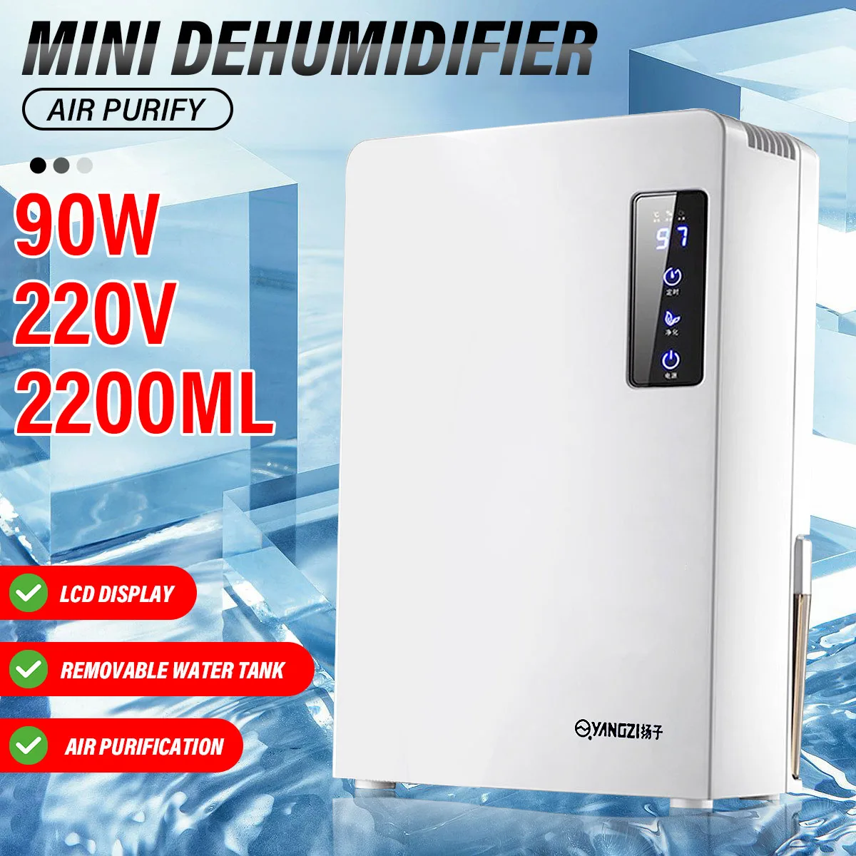 

2.2L Electric Air Dehumidifier Home Air Dryer Air Purifier Multifucntion Mute LED Screen Touch Double Drainage System EU Stock