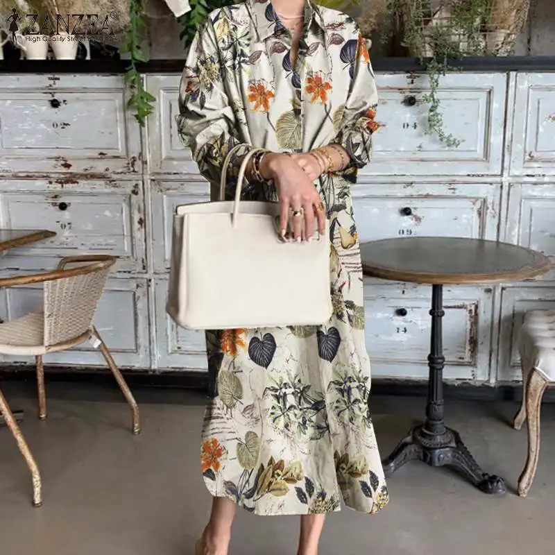 

Женский сарафан с отложным воротником и длинным рукавом, Осеннее винтажное платье-рубашка с цветочным принтом, повседневные свободные плат...