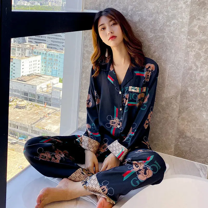 

Spring and autumn pajamas women's summer ice silk long sleeve suit