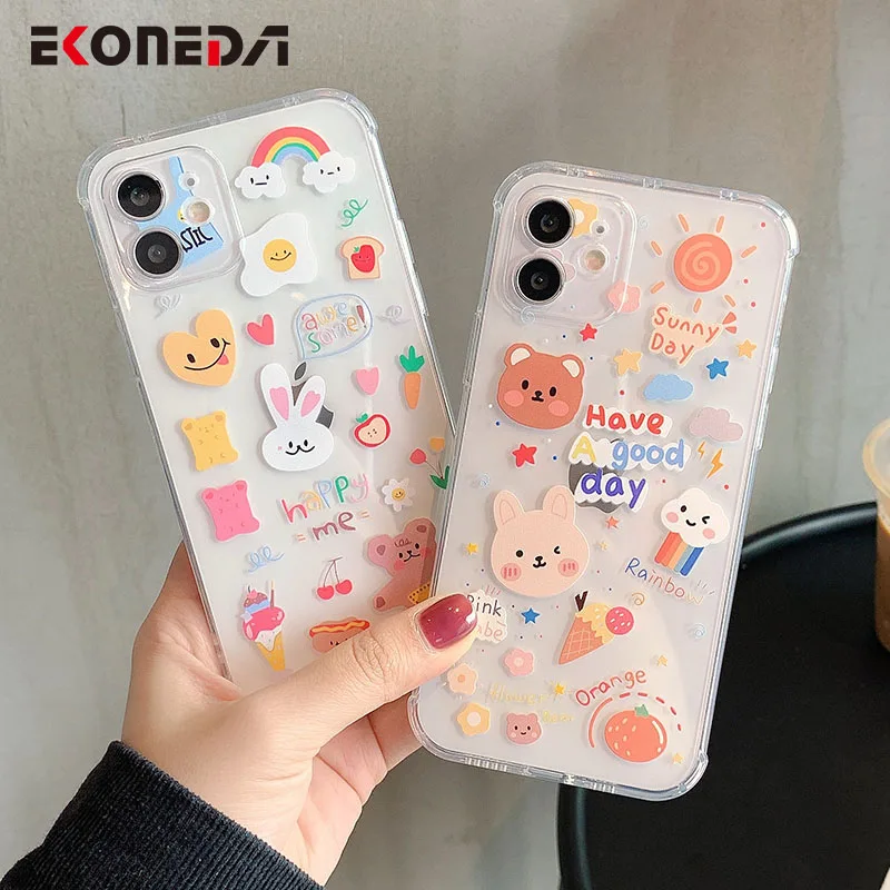 

EKONEDA Cartoon Animal Bear Rabbit Food Fruit Case For iPhone 11 12 Pro XS Max XR X 7 8 Plus Cases Silicone TPU Back Cover Shell