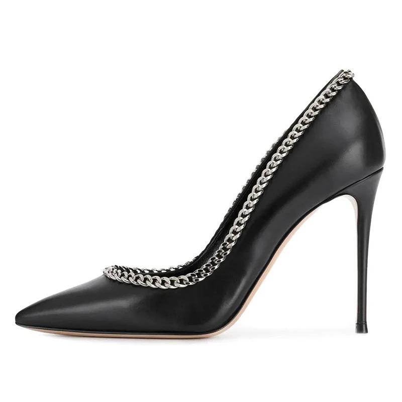 

Black Pointed toe High Heels Cool Girl Chain Pumps Sexy Women's Stiletto High Heels Punk Rock Girl Shoes Plus Size 34-45