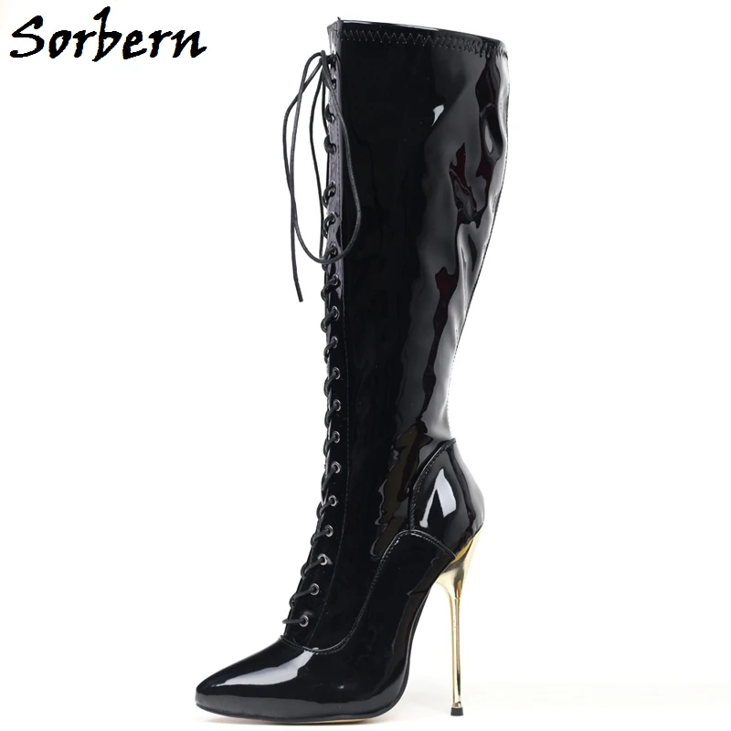 

Sorbern Fashion Knee High Boots Patent Black Metal High Heel 14Cm Stilettos Lace Up Pointy Toe Custom Wide Or Slim Calf Fit Boot