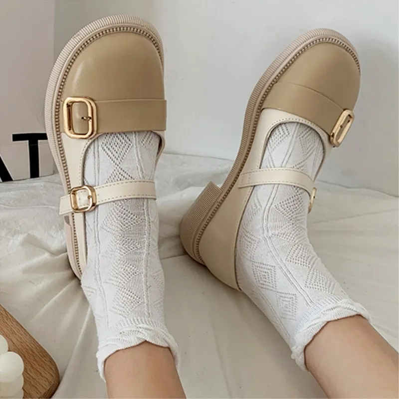 

SLHJC 2021 Autumn Leather Shoes Women Retro Mary Janes Flats Platform Buckle Shoes Student School Shoes