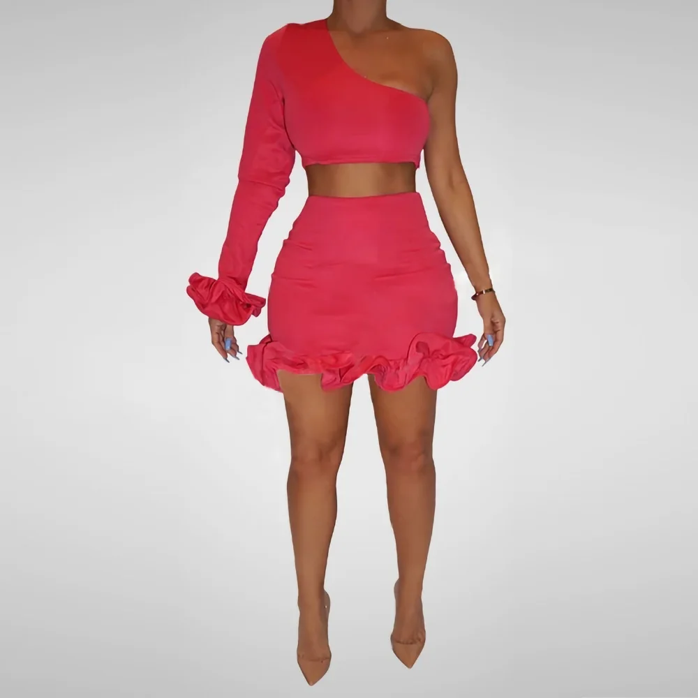 

Комплект женского клубного платья XLLAIS, пикантный топ на одно плечо с длинным рукавом и юбка с оборками, комплект из двух предметов, одежда дл...