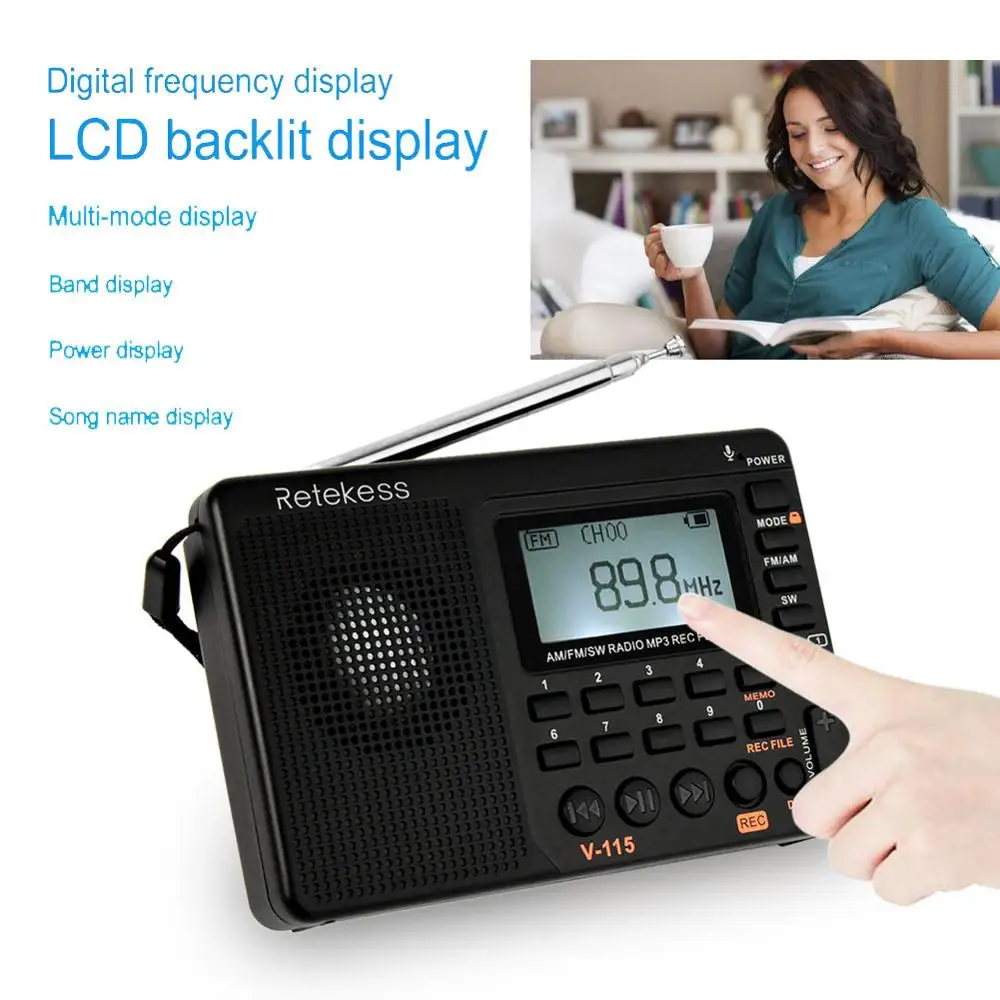 Retekess V115 карманное радио ресивер FM-AM SW портативное с USB MP3 цифровой рекордер