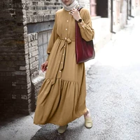 womens high waist solid sundress zanzea fashion muslim shirt dress casual button ruffle vestidos female belted robe