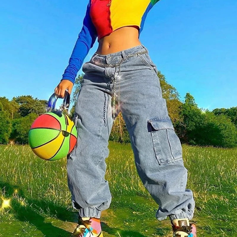 

2021 Hip-hop Stylish Blue High Waist Belt Mom Jeans Women New Cargo Denim Pants Harajuku Straight Trouser Streetwear