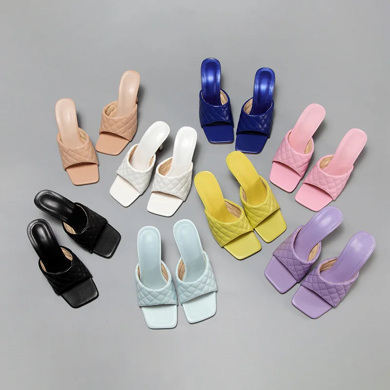 

2021 Summer Square toe Women slippers Fashion Thin heeled Ladies Mules Elegant Female High heels Outside Slides Women Sandals 42