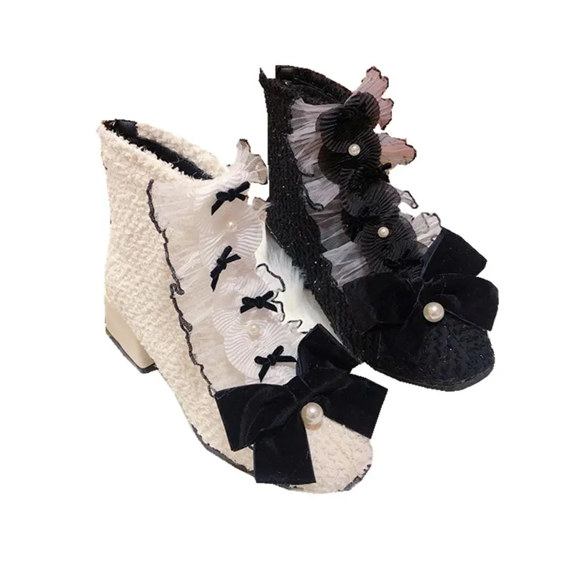 

French elegant lotus leaf lace square root short tube women's boots retro style was thin autumn and winter women's shoes