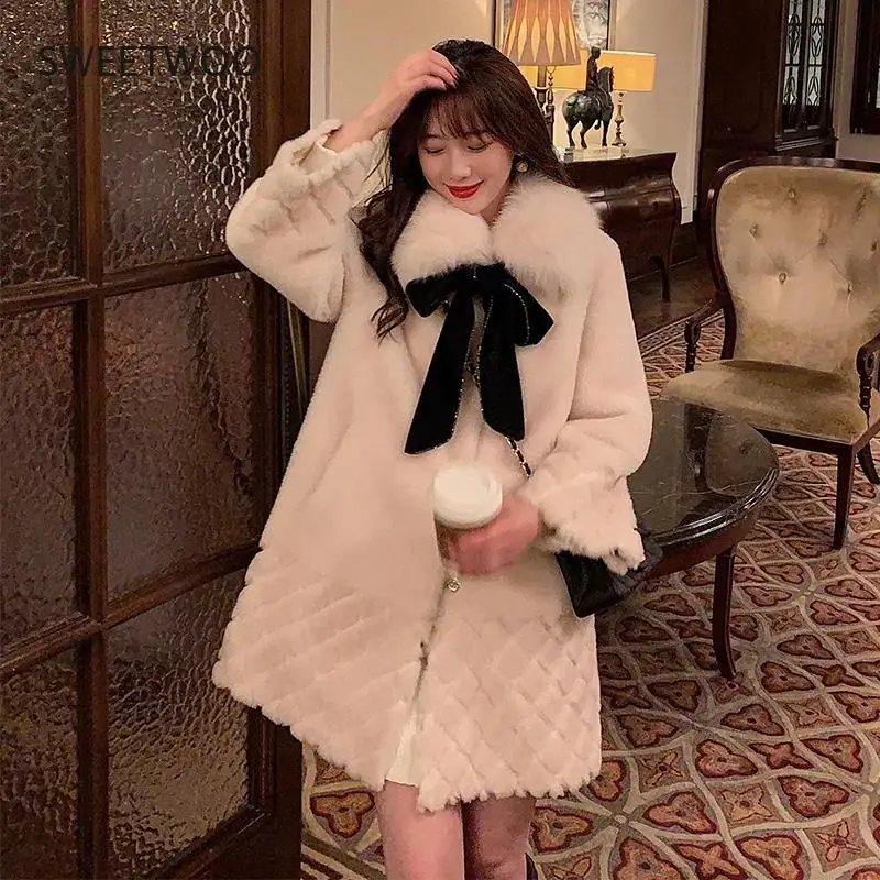 Women Winter Thick Warm Solid Rhombus Pattern Jacket Female Elegant Bow Faux Fur Coats Lady Single Breasted Outerwear 2022