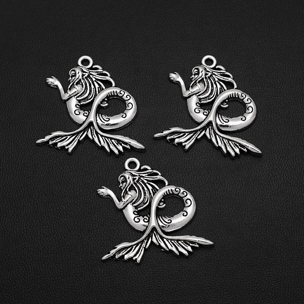5pcs/Lots 29x29mm  Antique Silver Plated Mermaid Charms Fairy Tale Oceanlife Pendants For Diy Jewelry Making Findings Materials
