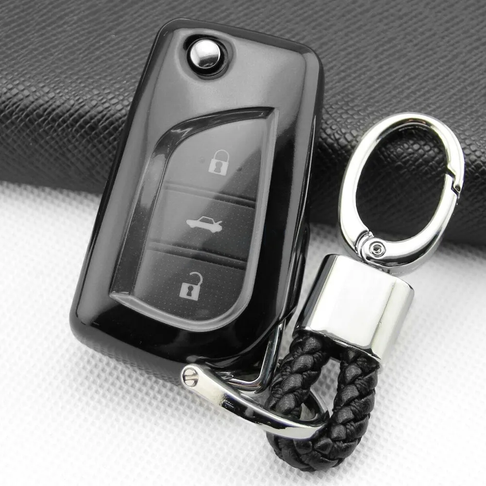 

Black Key Chain Key Case Flip Car Key Fob Cover Chain Ring For Toyota CHR RAV4 Corolla Accessories Black