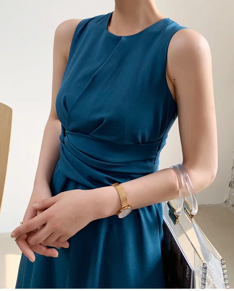 

Blue retro chiffon sleeveless big hem mid-length slim skirt with ladies cold air temperament dress female summer