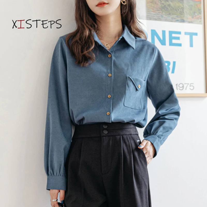 

2021 Spring Women Thick Shirts Standing Collar Long Sleeve Blouses Office Lady Work Wear Tops Blue White Designer Clothings