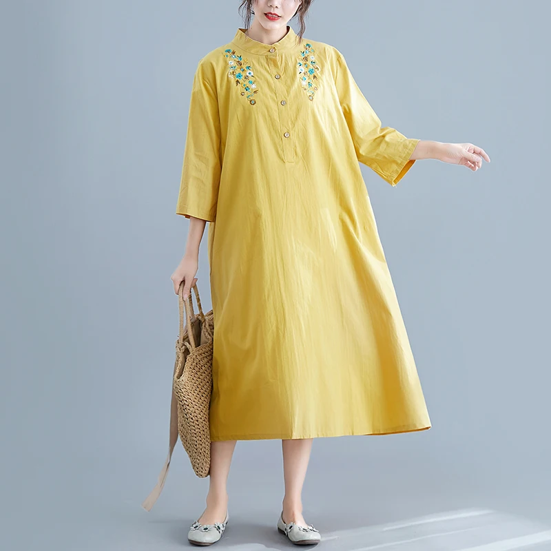 Женское винтажное платье-рубашка размера плюс из хлопка и льна с цветочным