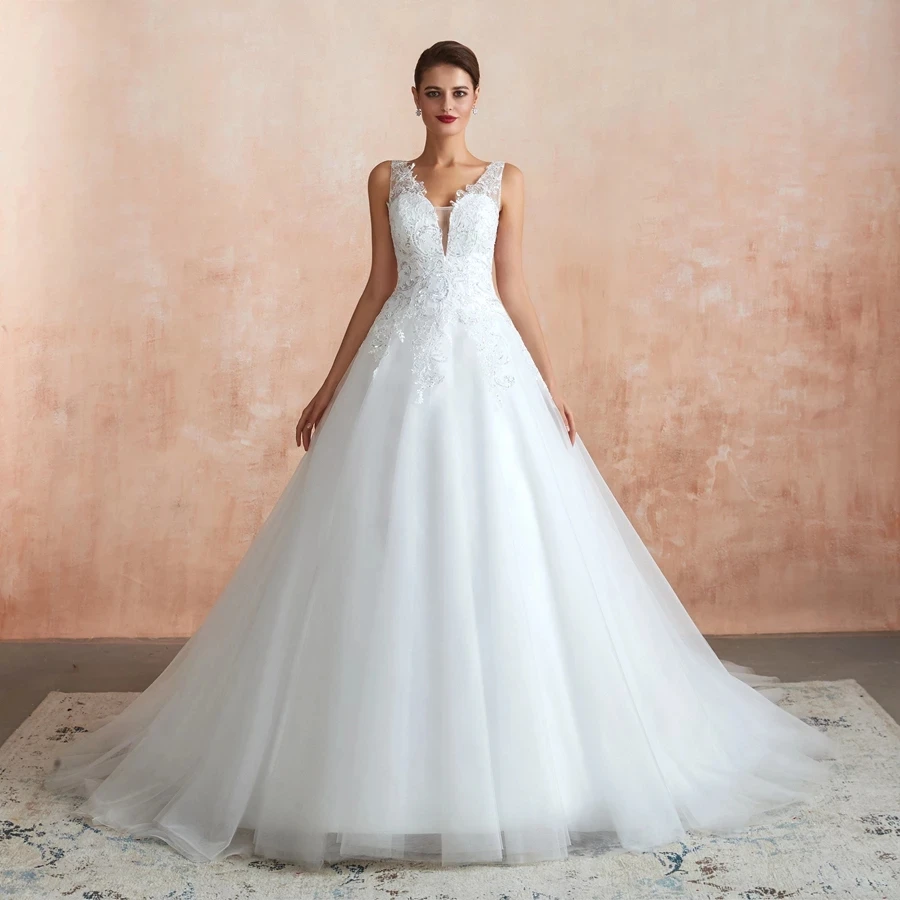 

Ball Gown Wedding Dress Sexy V-neck Sleeveless Sequin Appliques Tulle Wedding Gowns Vestido De Noiva Abiti Da Sposa