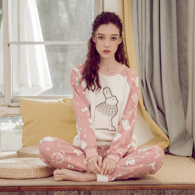 Зима 2019 круглый вырез ночные женские костюмы винтажная Толстая теплая Пижама