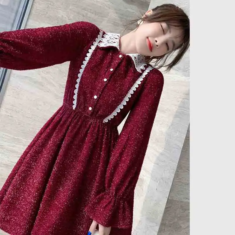 

Stylish Women Clothing 2020 Autumn Winter Temperament Lady Cute Japanese Harajuku Doll Collar Red Dress Christmas Party Vestido