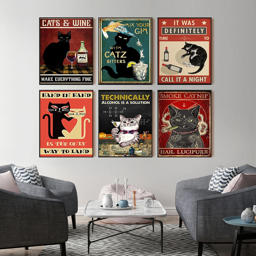

Мультяшные забавные постеры и принты кошек, винтажная Картина на холсте, настенные картины для гостиной, кухни, вина, Декор для дома
