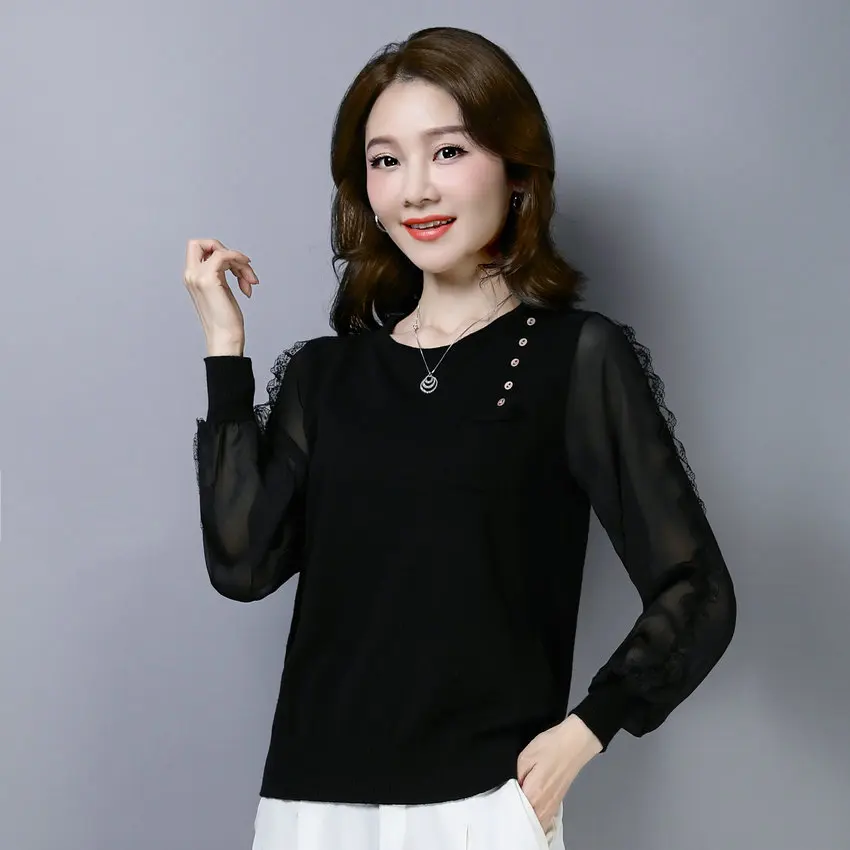 Женская Элегантная блузка черная хаки розовая однотонная кружевная пышная
