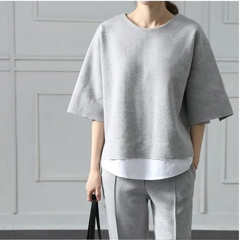 

Female Clothes New Autumn Two Pieces Set Women Suit Patchwork Hem Top With Elastic Waist Plus Size Calf Length Pants