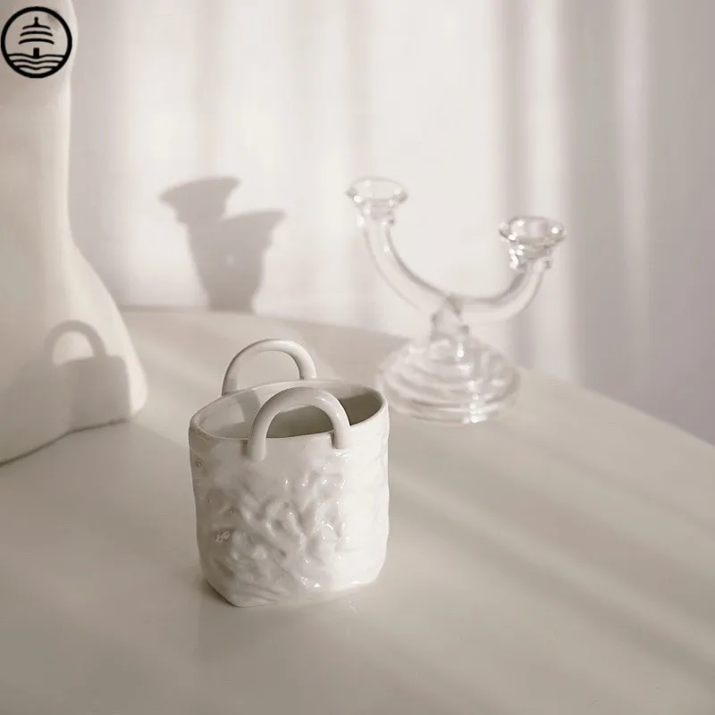 

BAO GUANG TA White Ceramic Handbag Shape Mini Vase Porcelain For Artificial Flower Arranging Storage Decoration Photo Prop R7108