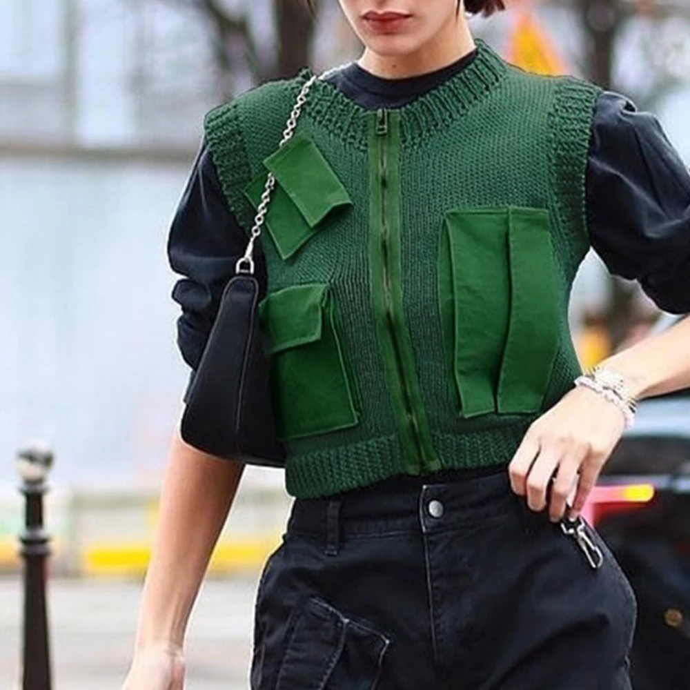 Модный лоскутный Женский вязаный жилет с круглым вырезом и карманами размера