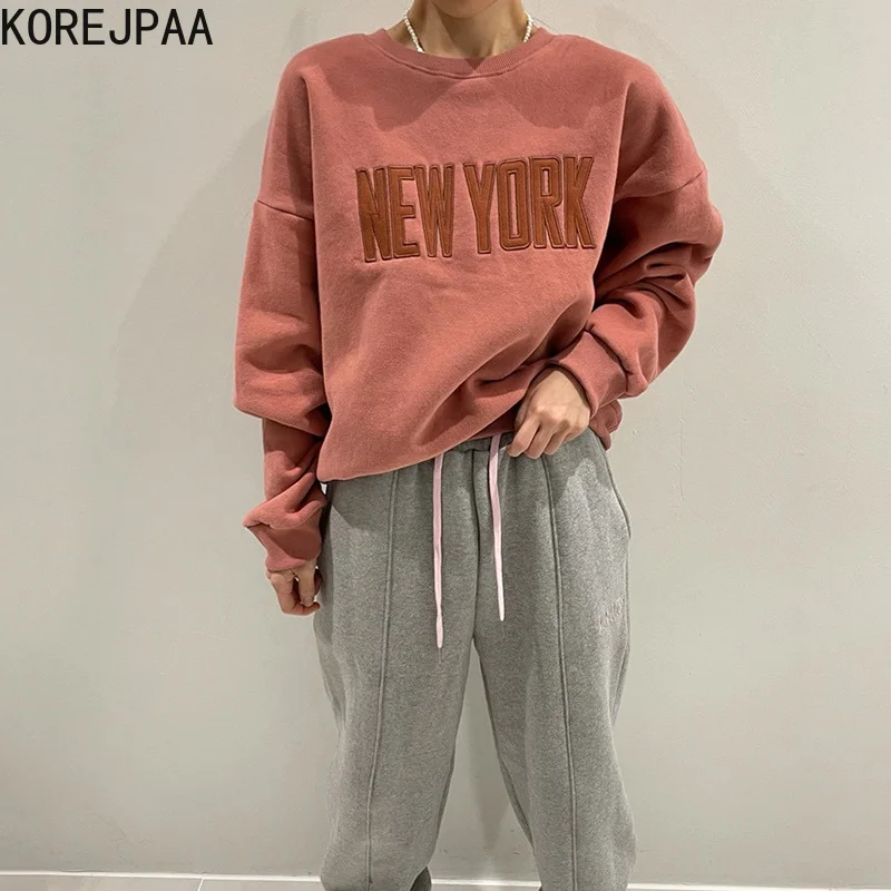 

Универсальный Свободный свитшот с круглым вырезом и Вышивкой Букв и завязками с высокой талией, повседневные однотонные брюки, модная верх...