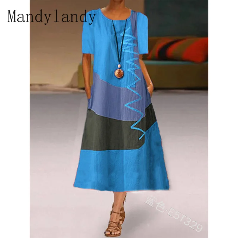

Mandylandy Summer Fashion Loose Dress Women's Casual O-Neck High Waist Printed Short Sleeve Pocket Dress