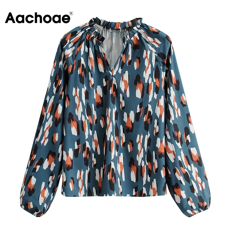 

Aachoae Printed Long Sleeve Blouse Women V Neck Vintage Shirt 2021 Chic Ruffles Office Wear Ladies Tops Camisa Femenina