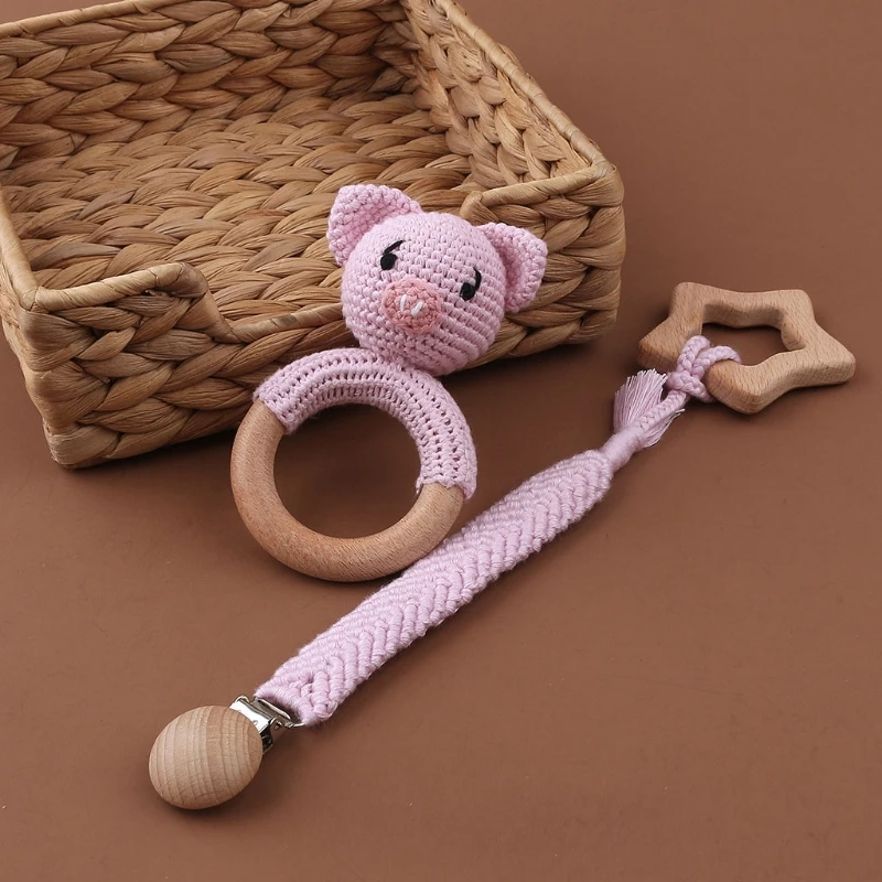 

3pcs Newborn Shower Gift Baby Crochet Wooden Teether Pacifier Chain Clips BPA Free Wood Rodent Rattle Toy